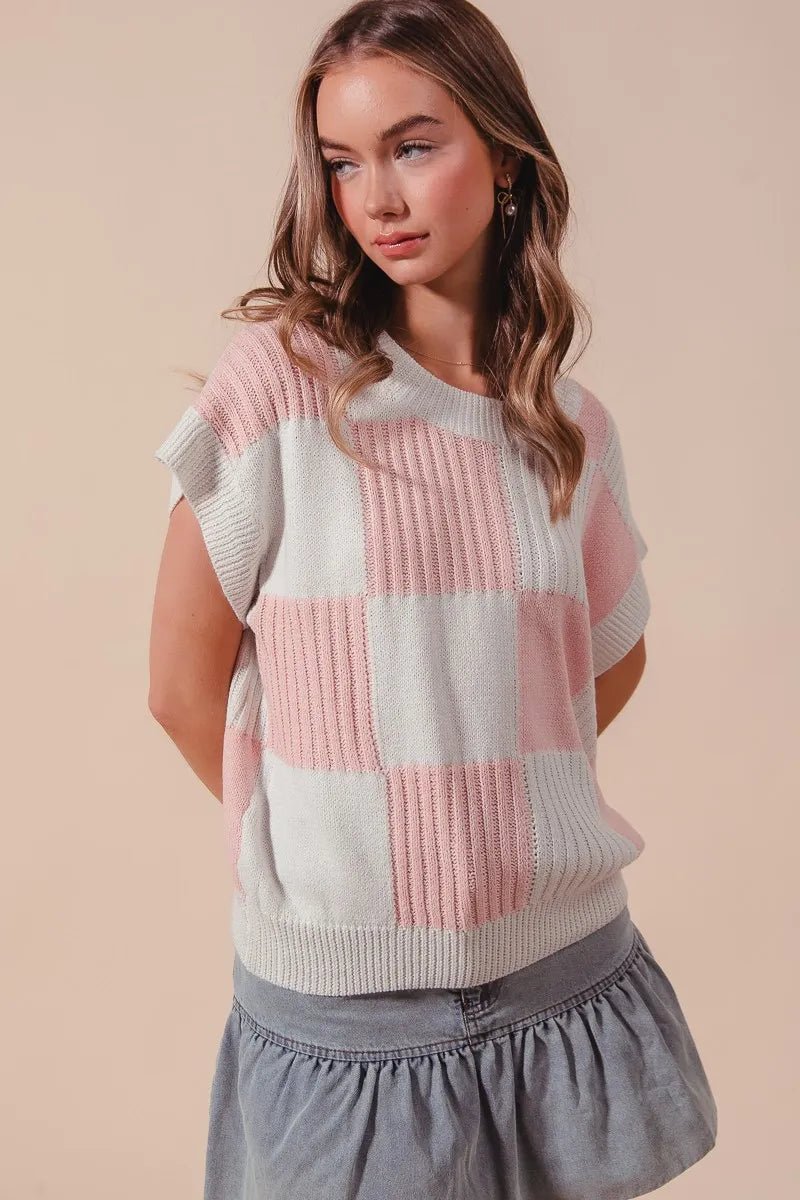 SO ME - Pink & Ivory Checkerboard Knit Cap Sleeve Top
