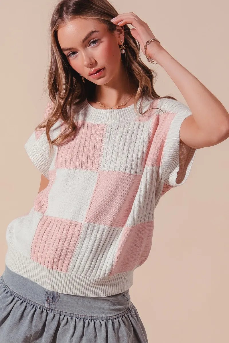 SO ME - Pink & Ivory Checkerboard Knit Cap Sleeve Top