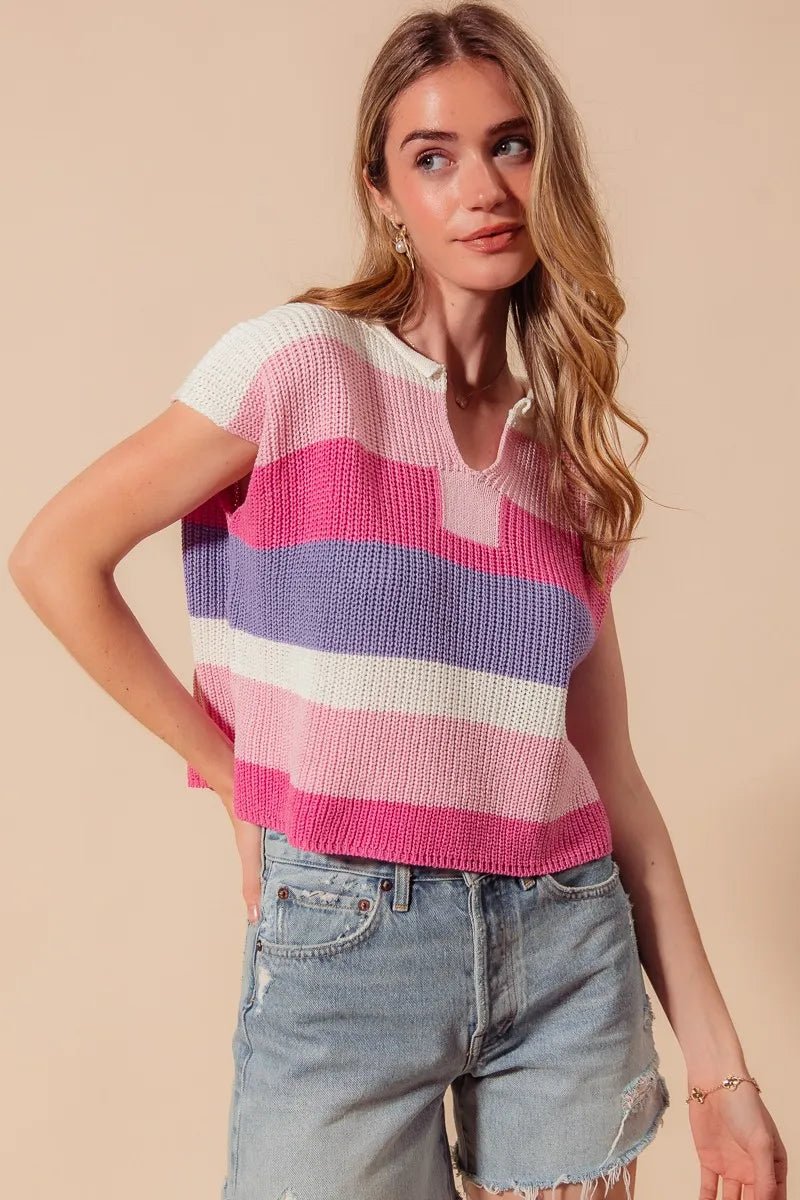 SO ME - Pink & Lavender Striped Knit Cap Sleeve Top