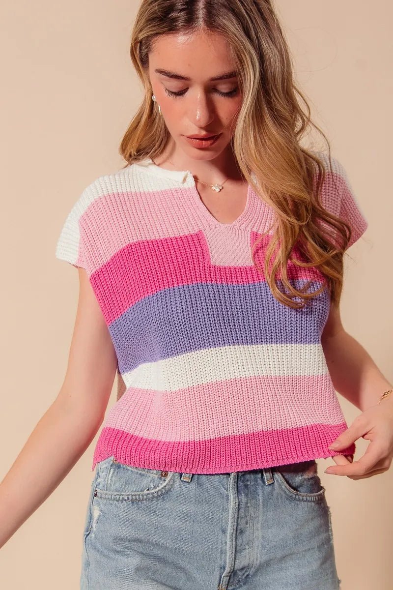 SO ME - Pink & Lavender Striped Knit Cap Sleeve Top