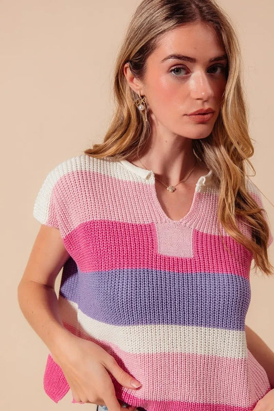 SO ME - Pink & Lavender Striped Knit Cap Sleeve Top