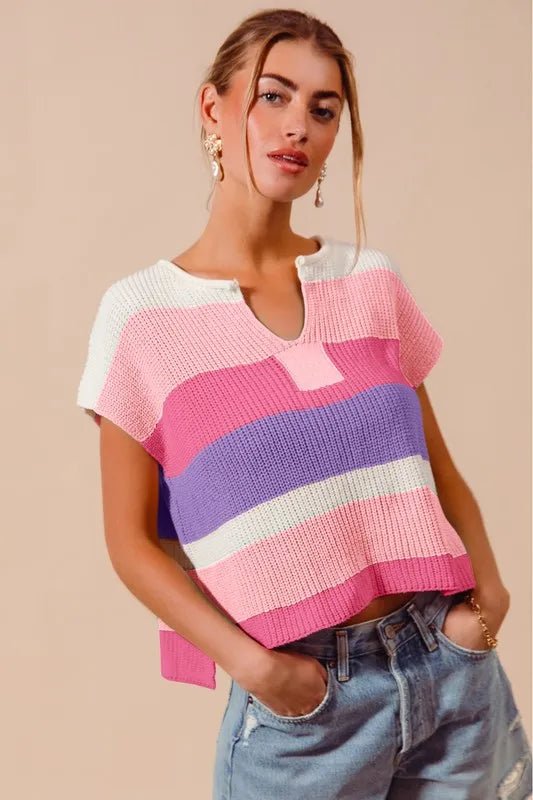 SO ME - Pink & Lavender Striped Knit Cap Sleeve Top