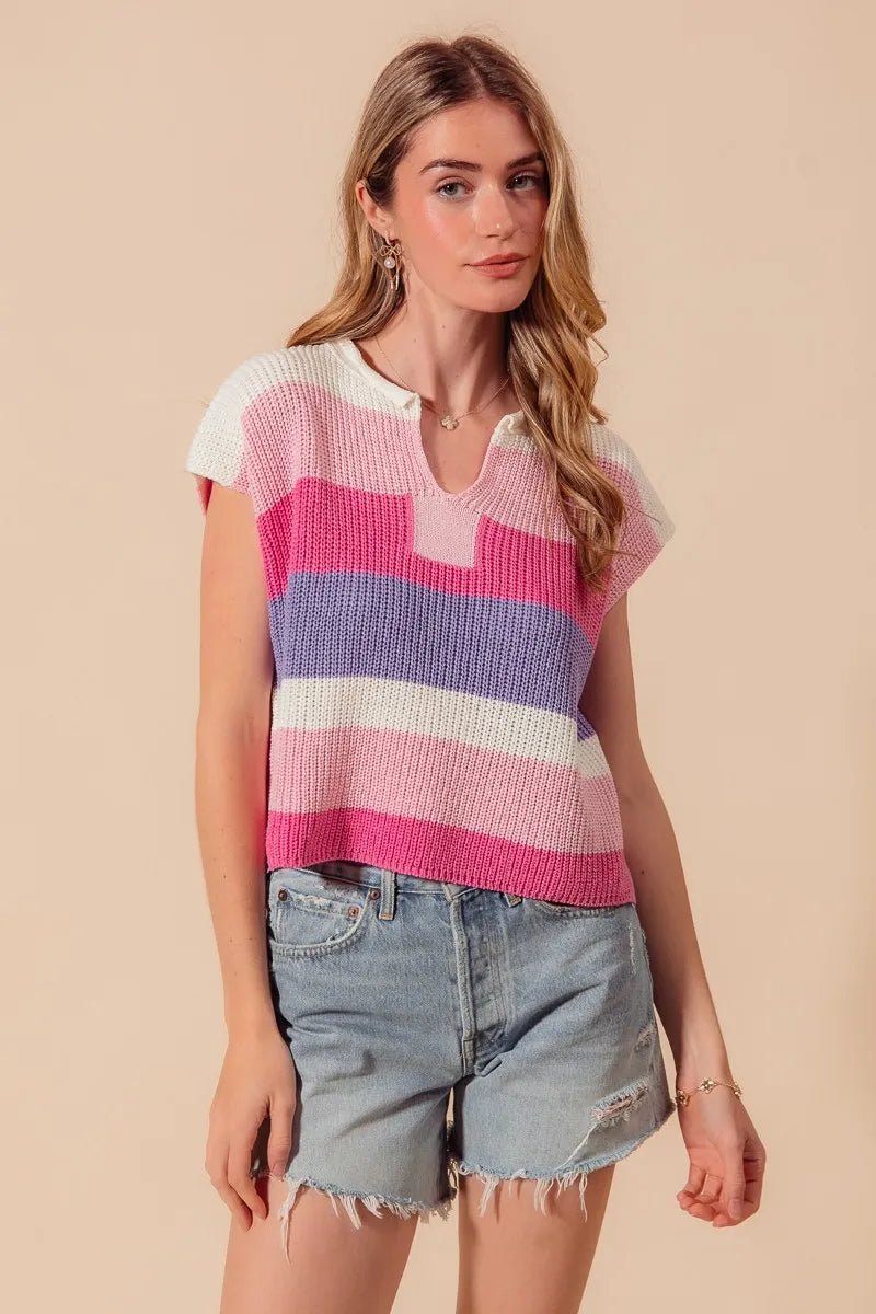 SO ME - Pink & Lavender Striped Knit Cap Sleeve Top
