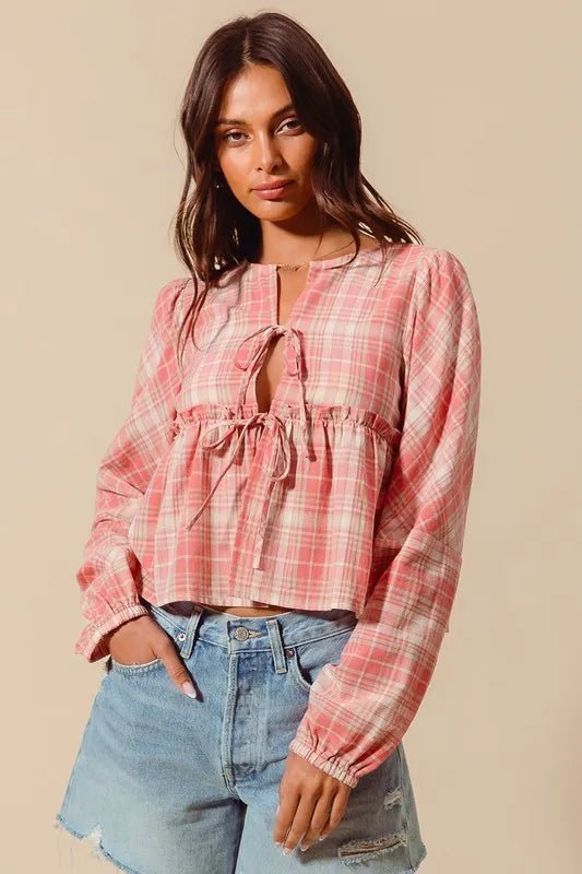 SO ME - Pink Plaid Tie Front Peasant Top