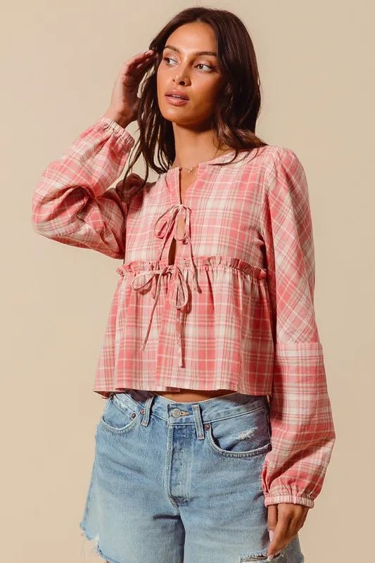 SO ME - Pink Plaid Tie Front Peasant Top