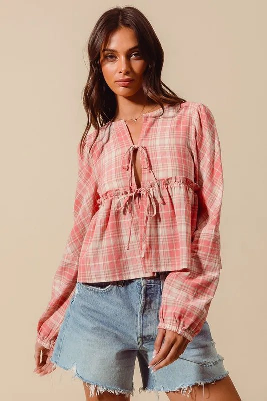 SO ME - Pink Plaid Tie Front Peasant Top