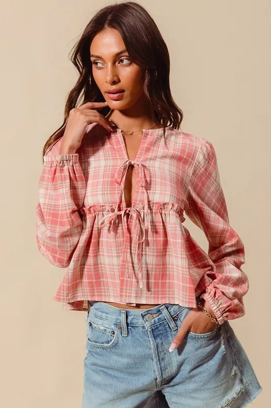 SO ME - Pink Plaid Tie Front Peasant Top
