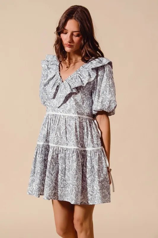 SO ME - Ruffle Side Tie Mini Dress – Slate Toile Print