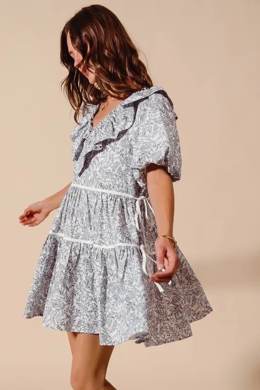 SO ME - Ruffle Side Tie Mini Dress – Slate Toile Print
