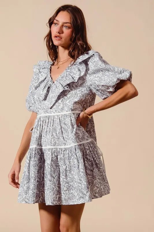 SO ME - Ruffle Side Tie Mini Dress – Slate Toile Print