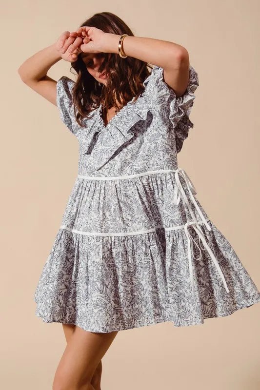 SO ME - Ruffle Side Tie Mini Dress – Slate Toile Print