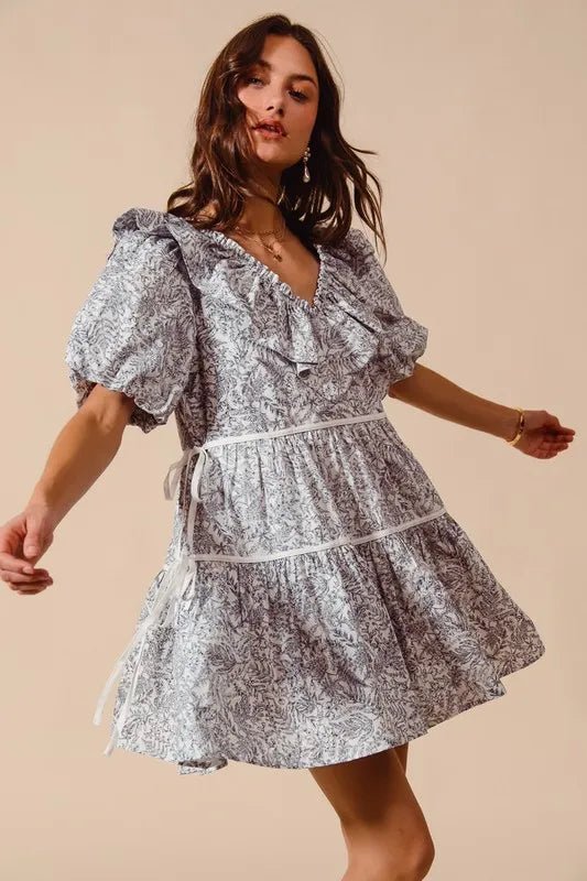 SO ME - Ruffle Side Tie Mini Dress – Slate Toile Print
