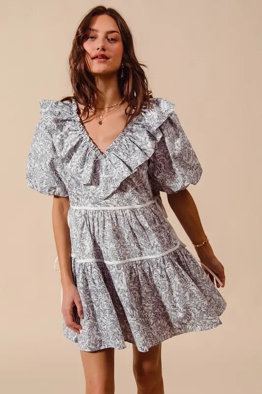 SO ME - Ruffle Side Tie Mini Dress – Slate Toile Print