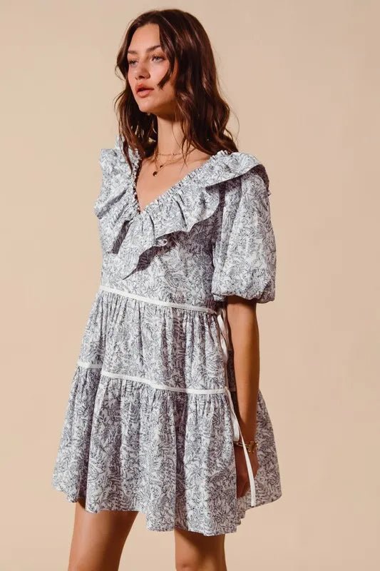 SO ME - Ruffle Side Tie Mini Dress – Slate Toile Print