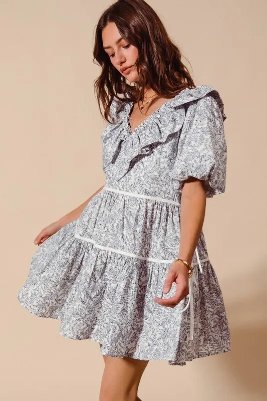 SO ME - Ruffle Side Tie Mini Dress – Slate Toile Print