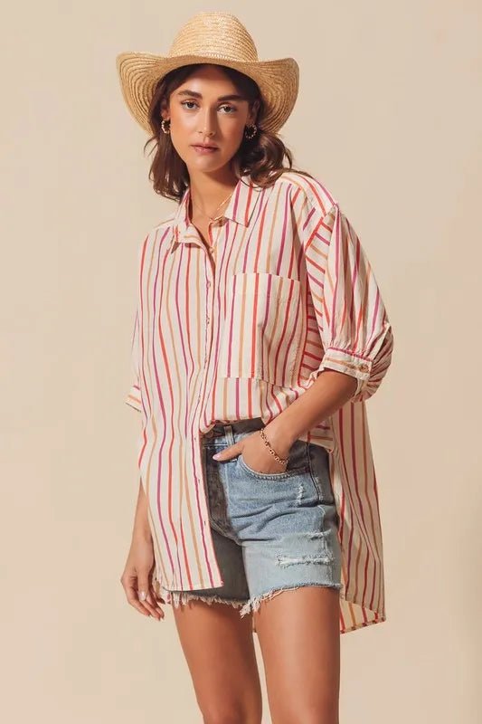SO ME - Sunset Stripe Button Down High - Low Shirt – Cream Multi