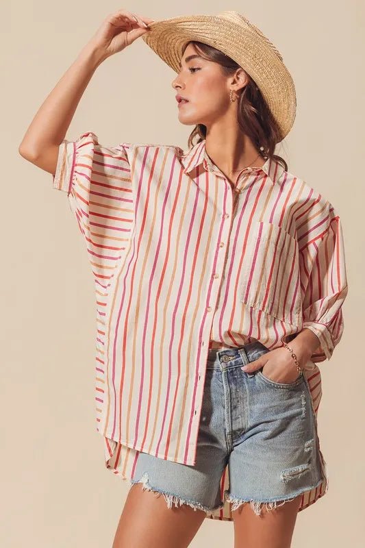 SO ME - Sunset Stripe Button Down High - Low Shirt – Cream Multi