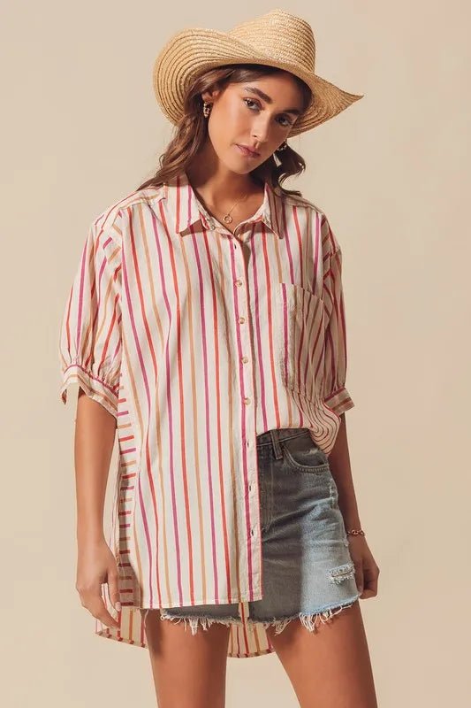 SO ME - Sunset Stripe Button Down High - Low Shirt – Cream Multi