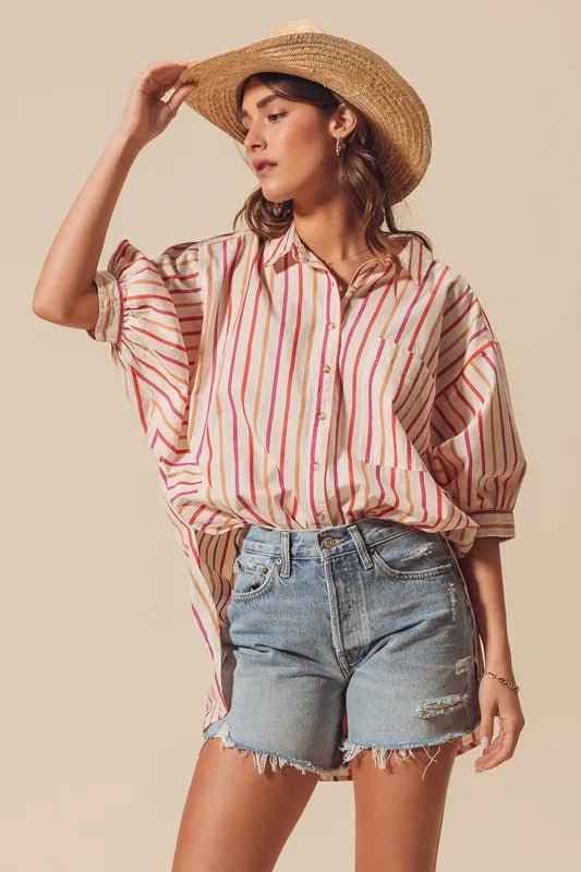SO ME - Sunset Stripe Button Down High - Low Shirt – Cream Multi