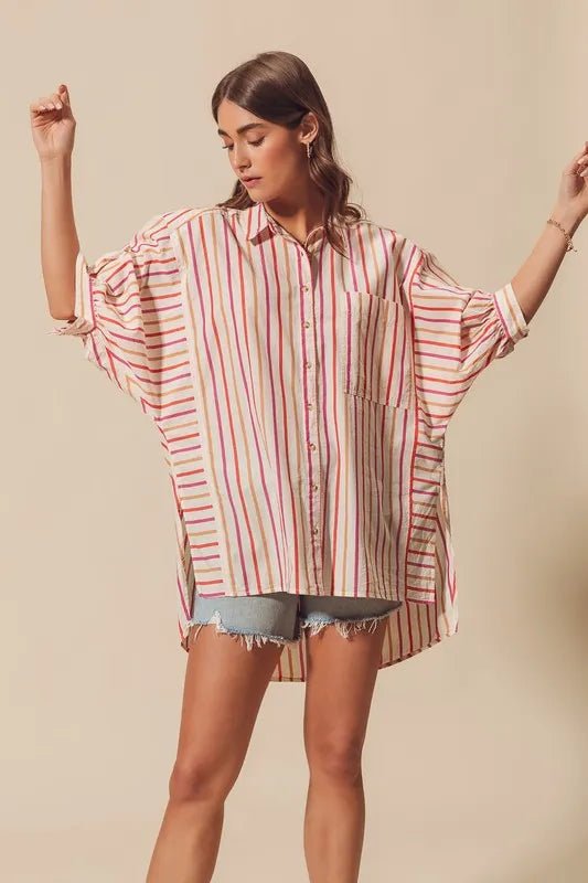 SO ME - Sunset Stripe Button Down High - Low Shirt – Cream Multi