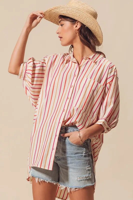 SO ME - Sunset Stripe Button Down High - Low Shirt – Cream Multi