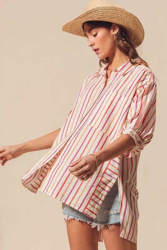 SO ME - Sunset Stripe Button Down High - Low Shirt – Cream Multi