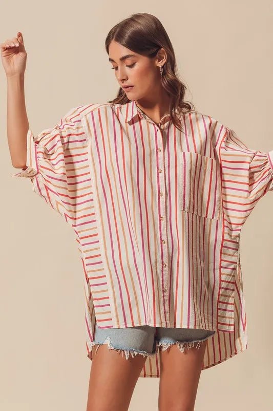SO ME - Sunset Stripe Button Down High - Low Shirt – Cream Multi