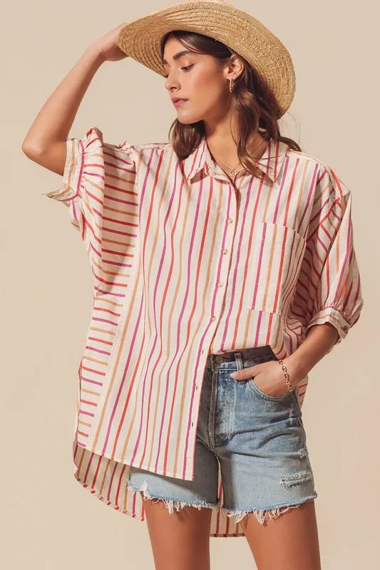 SO ME - Sunset Stripe Button Down High - Low Shirt – Cream Multi