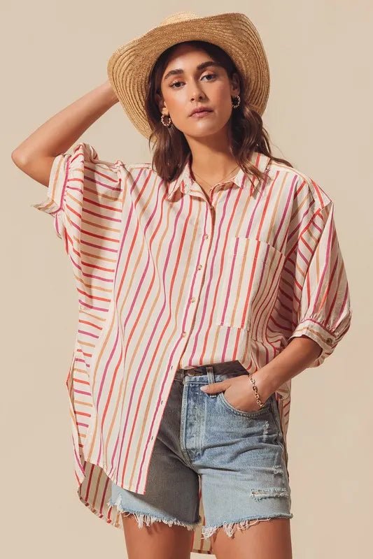 SO ME - Sunset Stripe Button Down High - Low Shirt – Cream Multi