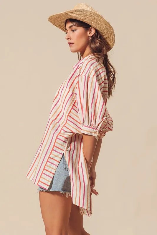 SO ME - Sunset Stripe Button Down High - Low Shirt – Cream Multi