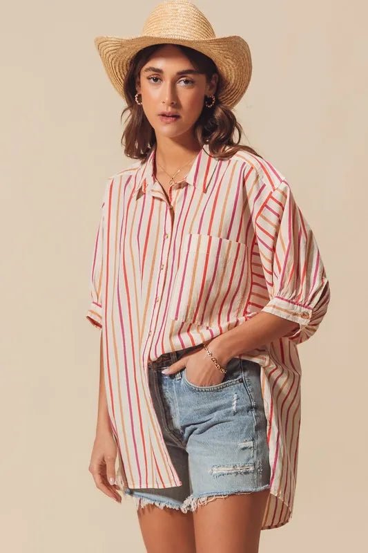 SO ME - Sunset Stripe Button Down High - Low Shirt – Cream Multi