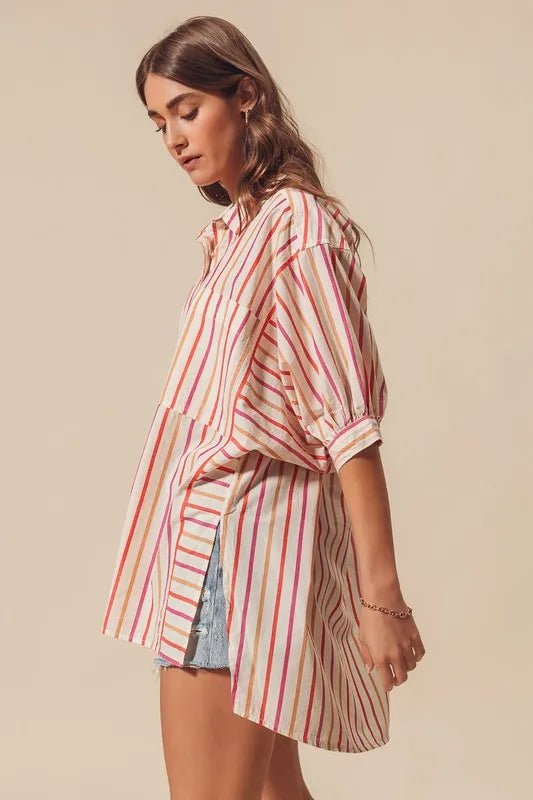 SO ME - Sunset Stripe Button Down High - Low Shirt – Cream Multi