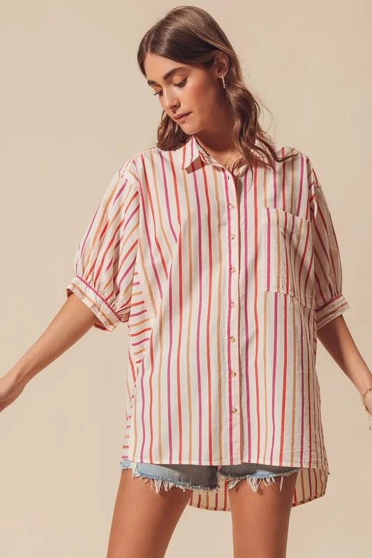 SO ME - Sunset Stripe Button Down High - Low Shirt – Cream Multi