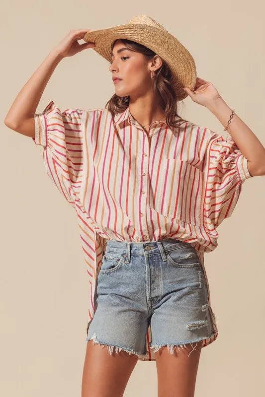 SO ME - Sunset Stripe Button Down High - Low Shirt – Cream Multi