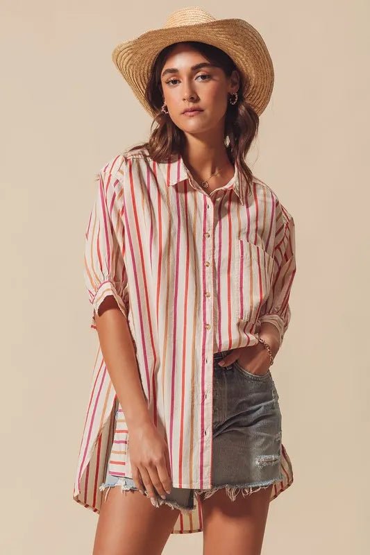 SO ME - Sunset Stripe Button Down High - Low Shirt – Cream Multi