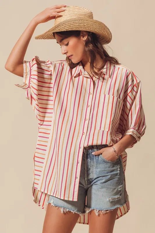 SO ME - Sunset Stripe Button Down High - Low Shirt – Cream Multi