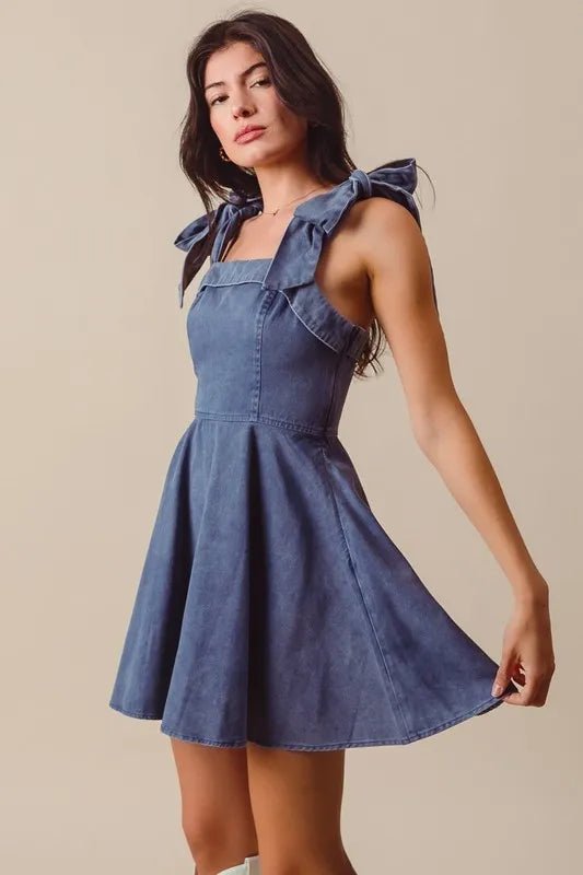 SO ME - Washed Indigo Bow Strap Fit & Flare Mini Dress