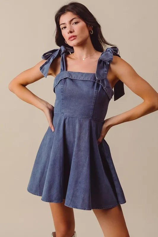 SO ME - Washed Indigo Bow Strap Fit & Flare Mini Dress