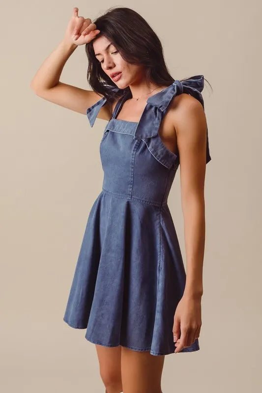 SO ME - Washed Indigo Bow Strap Fit & Flare Mini Dress