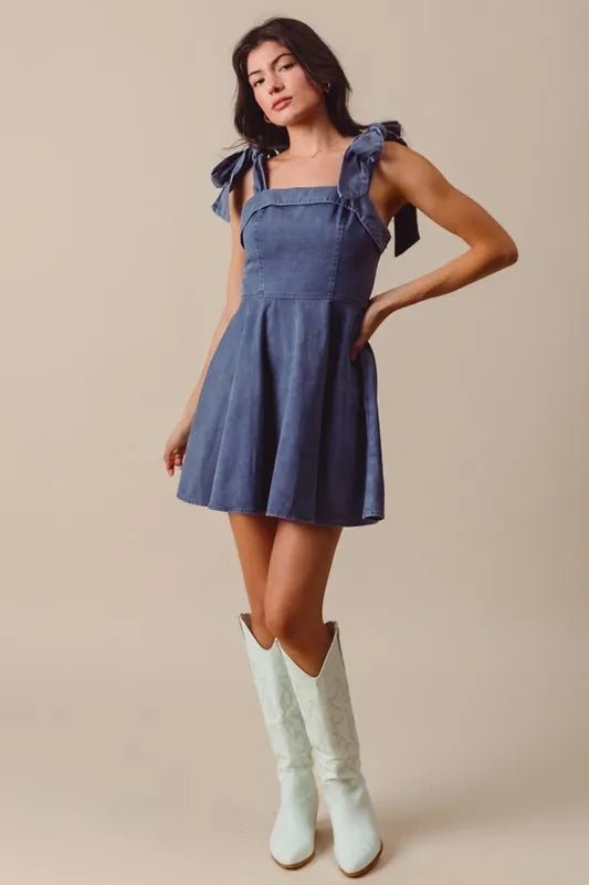 SO ME - Washed Indigo Bow Strap Fit & Flare Mini Dress