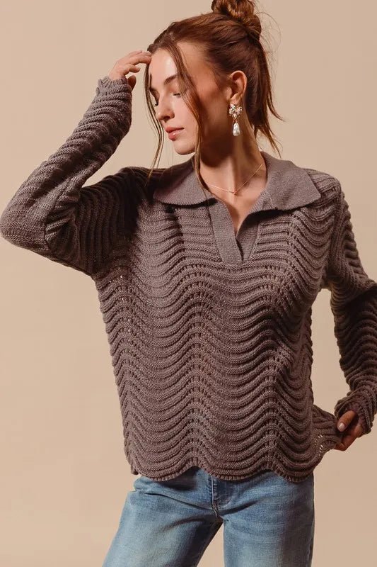 SO ME - Wavy Open Knit Sweater Top in Cocoa Brown
