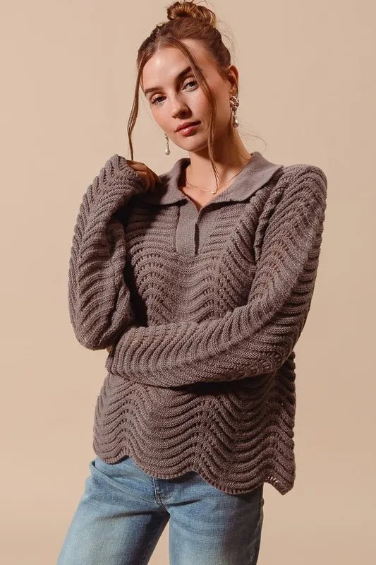 SO ME - Wavy Open Knit Sweater Top in Cocoa Brown