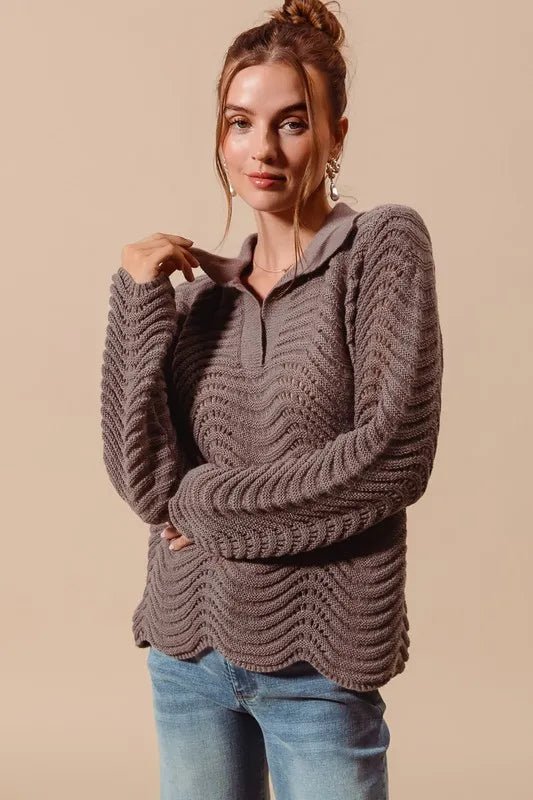SO ME - Wavy Open Knit Sweater Top in Cocoa Brown