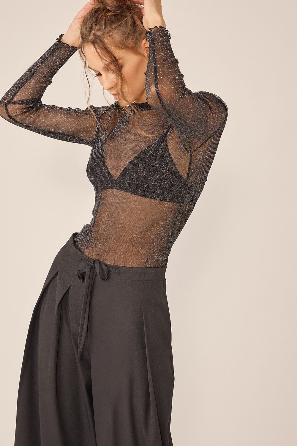 Sparkling Glitter Long Sleeve Sheer Top in BlackTopIDEM DITTO