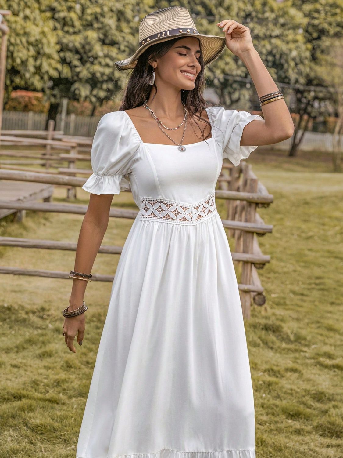 Square Neck Flounce Sleeve Midi Dress in WhiteMidi DressBeach Rose Co.