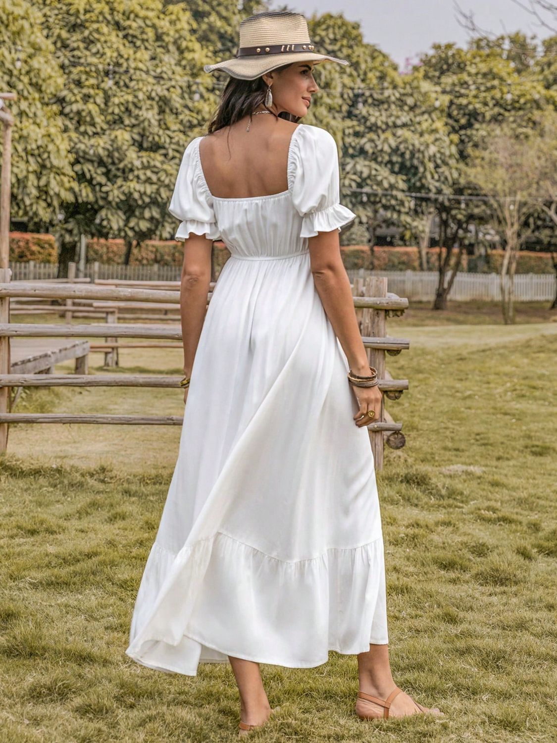 Square Neck Flounce Sleeve Midi Dress in WhiteMidi DressBeach Rose Co.