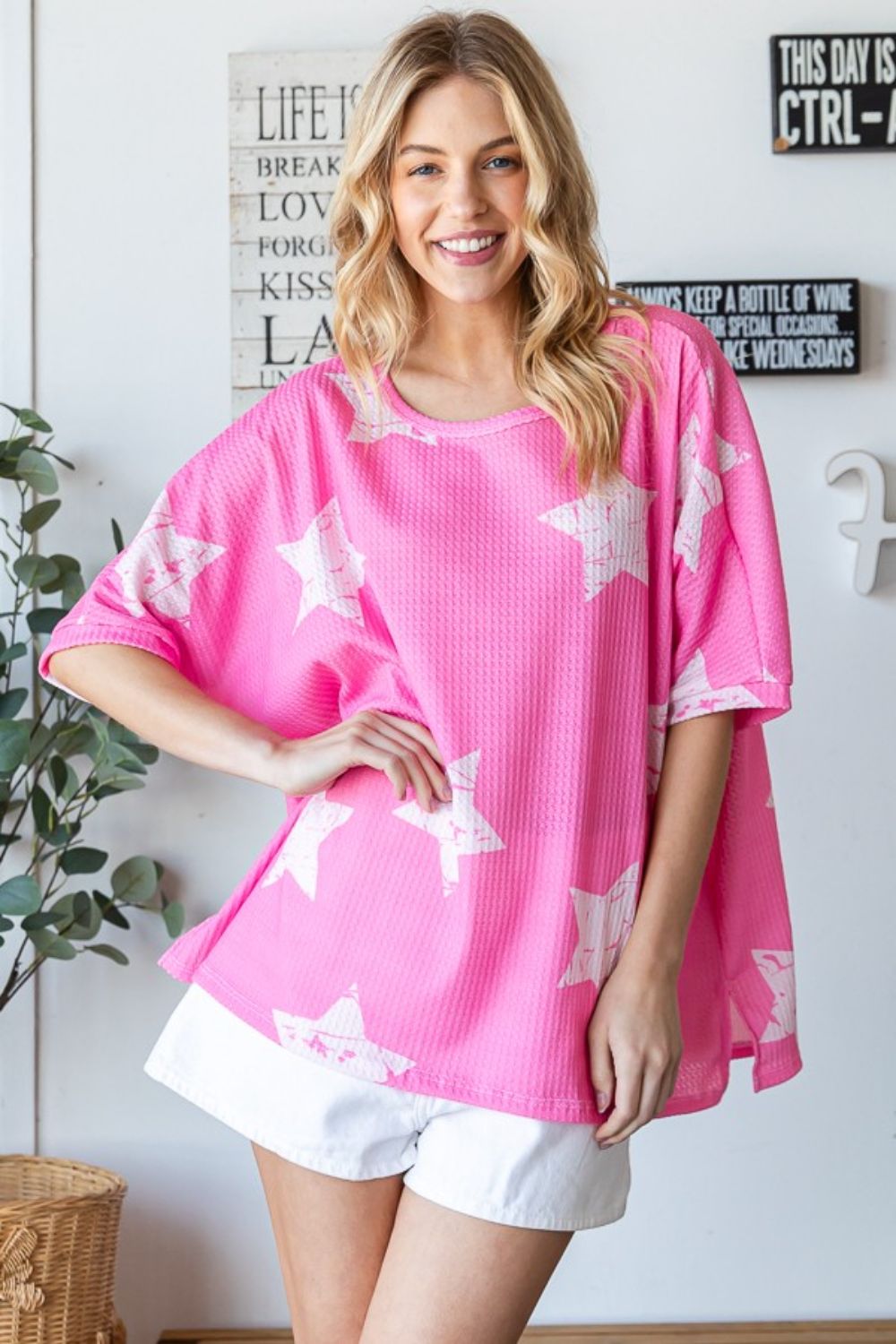 Star Pattern Oversized Waffle Knit T-Shirt in Hot PinkT-ShirtHOPELY