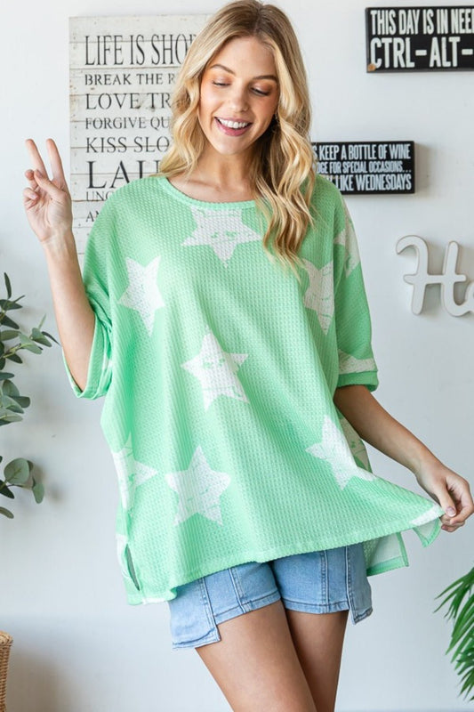 Star Pattern Oversized Waffle Knit T-Shirt in Light GreenT-ShirtHOPELY