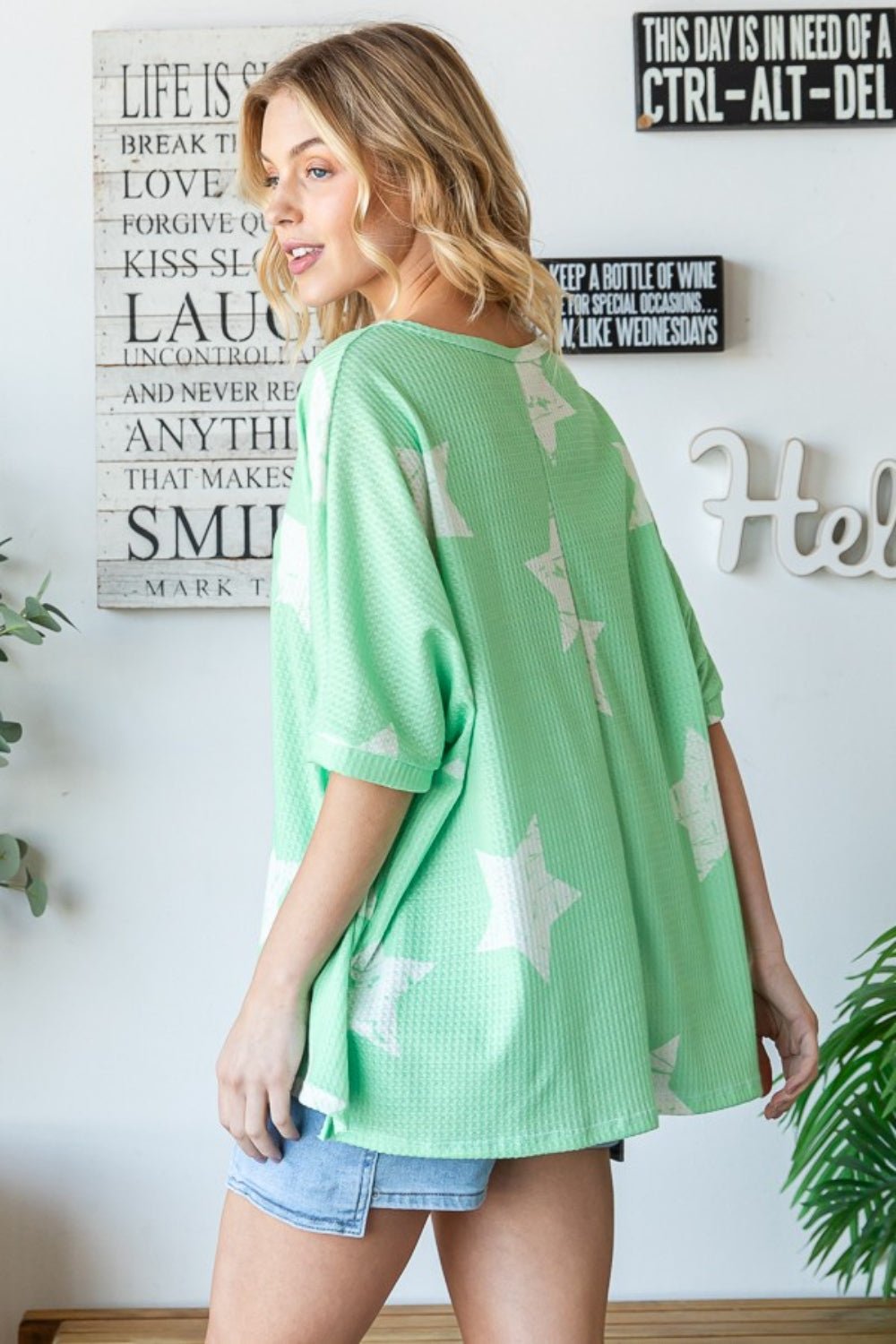 Star Pattern Oversized Waffle Knit T-Shirt in Light GreenT-ShirtHOPELY