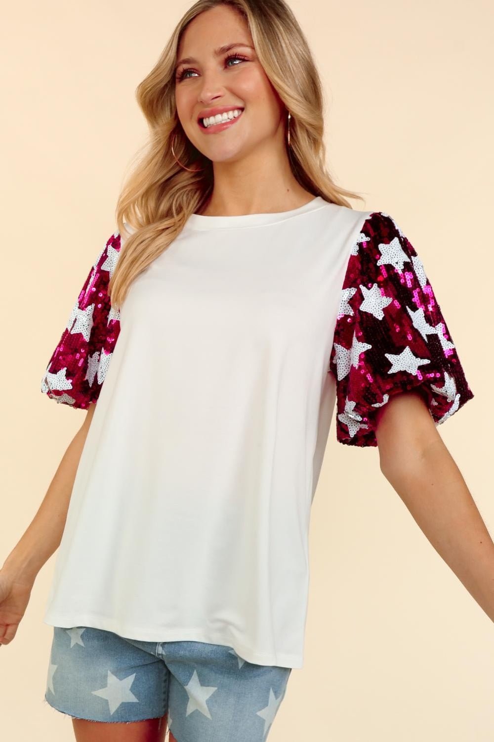 Star Sequin Bubble Short Sleeve Top in White MagentaTopHaptics
